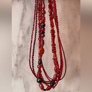 Red Beaded Multi-Strand Necklace - Women Jewelry